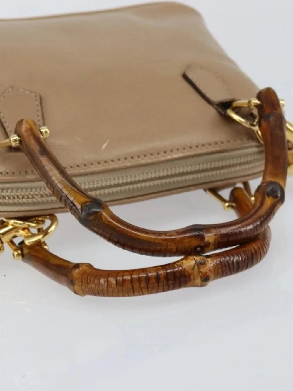 GUCCI Bamboo Hand Bag Leather 2way Beige Gold 007 2865 0231 Auth